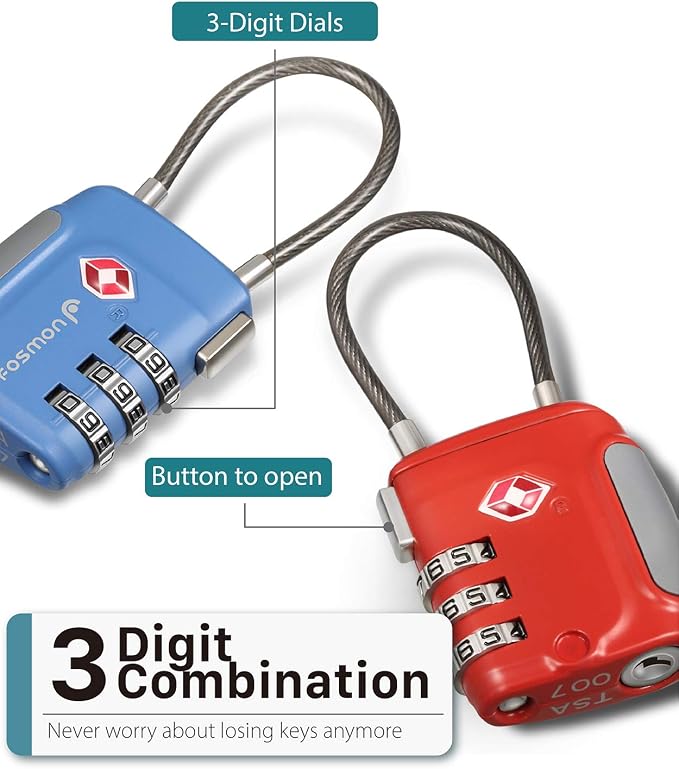 Fosmon TSA Approved Luggage Locks, Cable Suitcase Travel Lock, 3 Digit Long Shackle Combination Padlock, Wire Lock for Gym Locker, Backpack Anti Theft - Image 3
