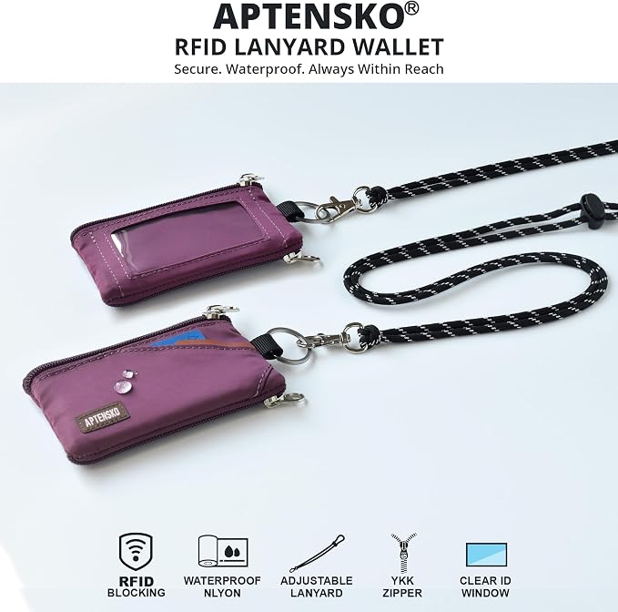 RFID Blocking Travel Wallet with Adjustable Lanyard, Small Nylon Zipper Pouch and Badge Holder for ID, Credit Cards, Cash, Keys, Commuters (Plum Wine) - Image 2