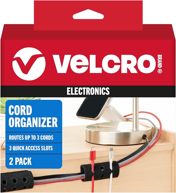 VELCRO Brand Cord Organizer for Desk Cable Management, Nightstand Organization, Unique Dual Function Cable Sleeve Cord Keepers Combo, Holds Wires for Easy Access, Route to Hide, Small 2pk Black by VELCROBrand