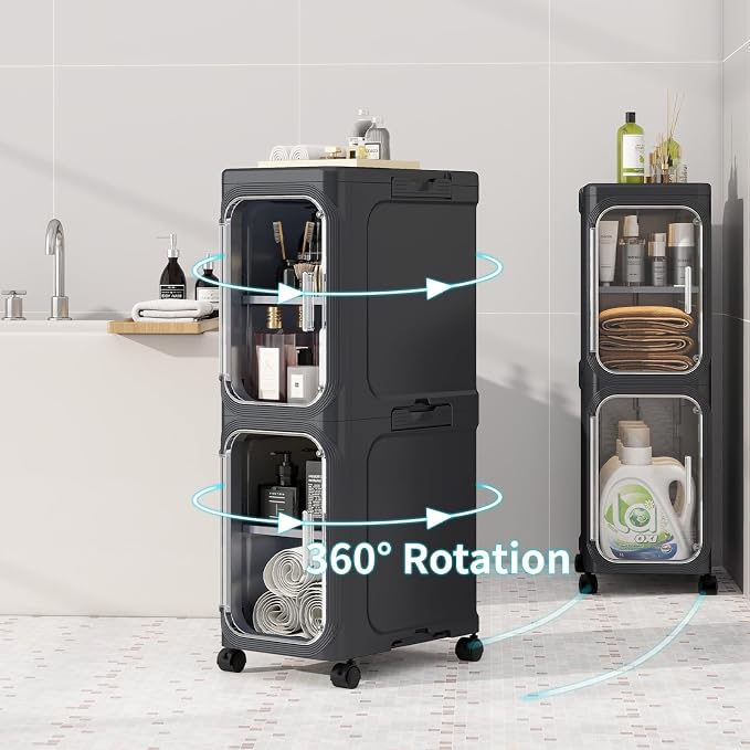 2 Tier Slim Bathroom Storage Cabinet, Foldable and Movable, Black | Tools Free, ABS and PET, Magnetic Clear Door, Adjustable Shelves, Lockable Wheels, Water Resistant, For Narrow Space - Image 7