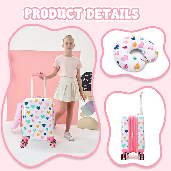Kid's Luggage Set 5 Piece Suitcase Set 16" Hardside Luggage with Spinner Wheels Girls Carry on Toddler Travel Rolling Suitcase with Neck Pillow Airline Approved - Image 4