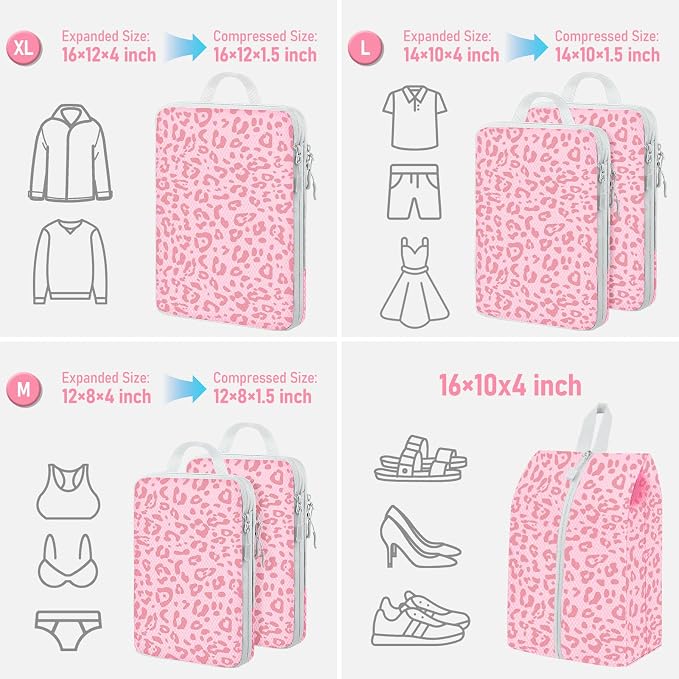 6 Set Compression Packing Cubes, Suitcase Organizer, Lightweight Travel Essentials, Compression Bags For Travel Accessories Luggage Storage Set (6Pcs, Pink Leopard) - Image 2