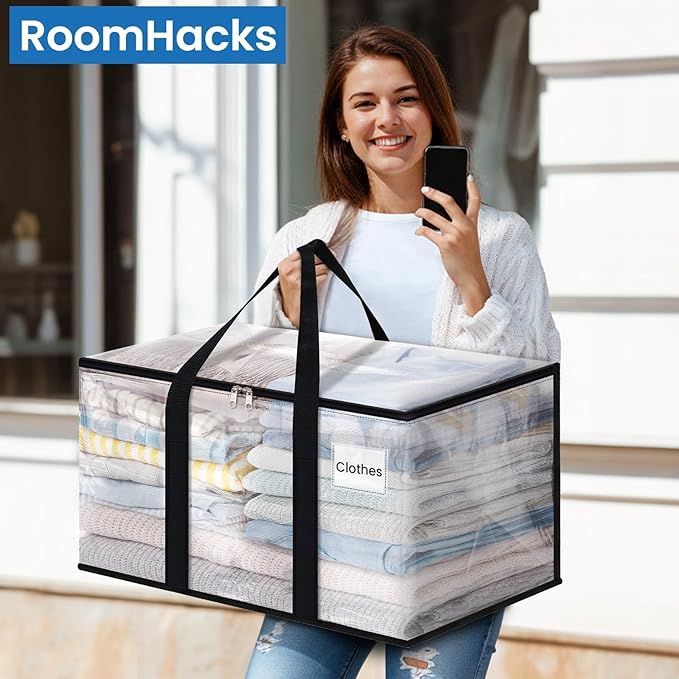 RoomHacks Moving Bags, Heavy Duty Large Storage Bags, 100L, 2 Pack, Clear | Water-Resistant Packing Bags with Reinforced Handles & Dual Zippers, Foldable Storage Totes for Dorm Move & Home Organization - Image 6