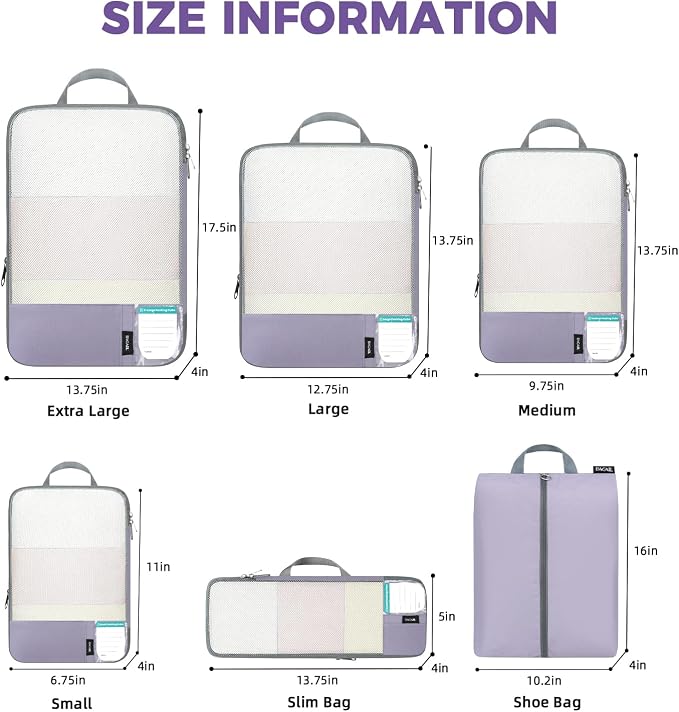 BAGAIL Lightweight Compression Packing Cubes for Travel, 6 Set,Dusty Purple | Salis Nylon Fabric,Anti-Tearing,Save Space,SBS Zippers,Packing List,PVC Tag Pocket,Custom Labels,Visible Mesh,Portable Handel - Image 5