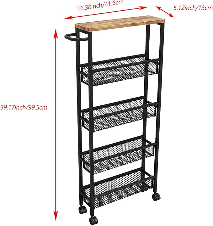 Slim Rolling Cart 5 Tier Narrow Storage Cart on Wheels with Handle | Lockable Wheels, Wood Top Panel, Metal Frame Utility Carts for Kitchen, Dining, Living, Home Office, Laundry Room - Image 7