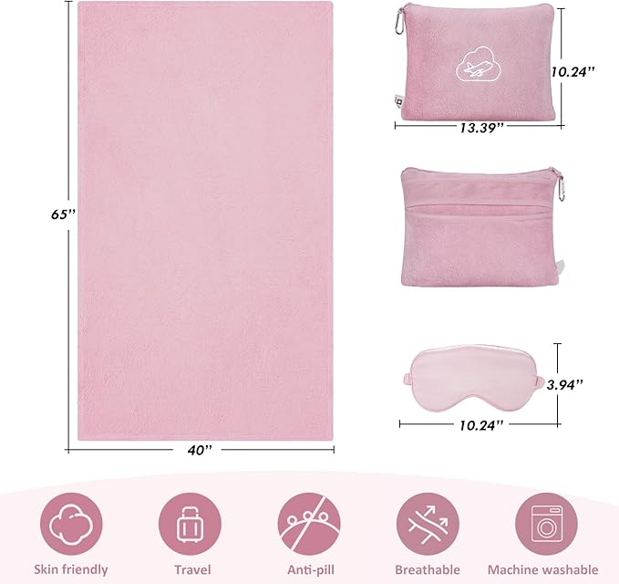 Travel Blanket Pillow,Airplane Blanket Compact with Bag Eye Mask, Ultra-Soft,Warm & Lightweight Included,Travel Essentials for Women & Men, Luggage Sleeve & Backpack Clip 65x40 in, Pink - Image 7