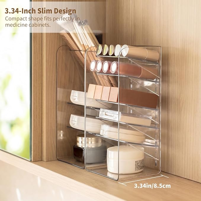 PAVSTINE 2-Pack Medicine Cabinet Organizer with Adjustable Dividers, Clear Vertical Layered Backward Slanting Shelves, Space-Saving, for Makeup Brush/Lip Gloss/Mascara Storage - Image 5