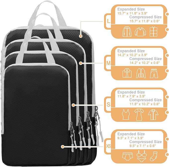 WOOMADA Compression Packing Cubes for Suitcases Travel Essentials 4 Set Expandable Travel Bags Organizer for Luggage(black) - Image 4