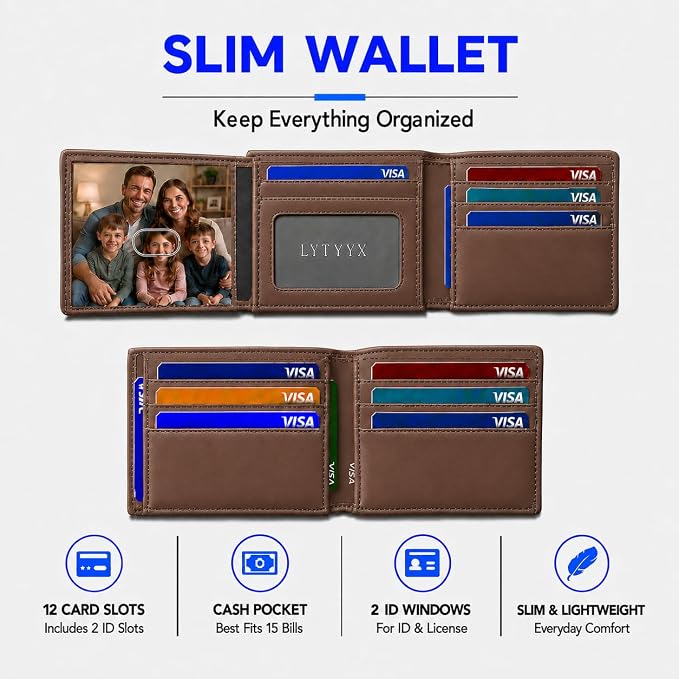 Wallet for Men Slim RFID Blocking Genuine Leather Bifold Mens Wallet | Front Pocket Credit Card Holder with 2 ID Windows, Holds 12 Cards & Cash Minimalist Thin Wallet, Gifts for Men - Image 4
