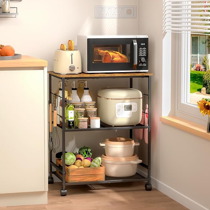 ThreeHio Rolling Kitchen Microwave Cart, 3 Tier Microwave Table Stand with Storage, Kitchen Utility Cart on Lockable Wheels, Small Coffee Cart Shelf Rack Organizer for Living Room Office, Balcony by ThreeHio