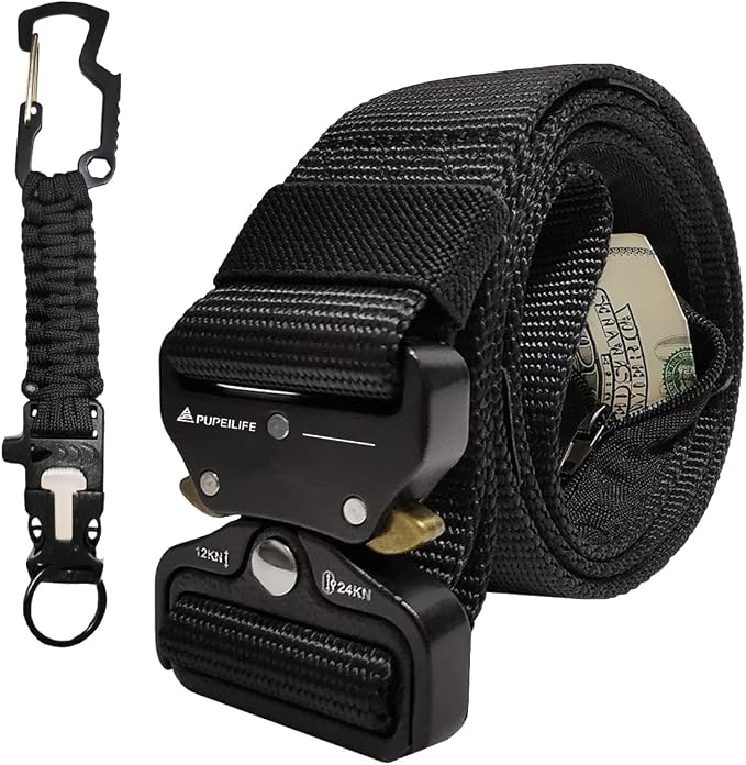 Tactical Style Travel Money Belts - Hidden Pocket Concealed Zipper Nylon Belt for Man Waist Below 42 Inches Included EDC Paracord Keychain 2 Items in Pack - Black by Unknown