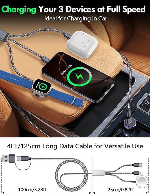 Travel Essentials for Apple Watch Charger,iPhone Charger,3 in 2 Type C/Lightning/Magnetic Travel Charging Cable,Portable Multi Charging Cable for Apple Watch, iPhone 17‑11,Samsung S26,Car,iPad-4FT - Image 6