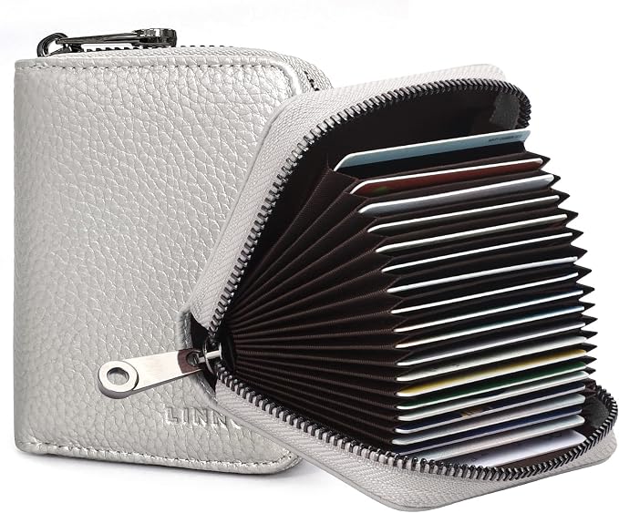 Linno RFID 20 Slots Credit Card Holder Genuine Leather Small Wallet for Women or Men with Zipper by Linno
