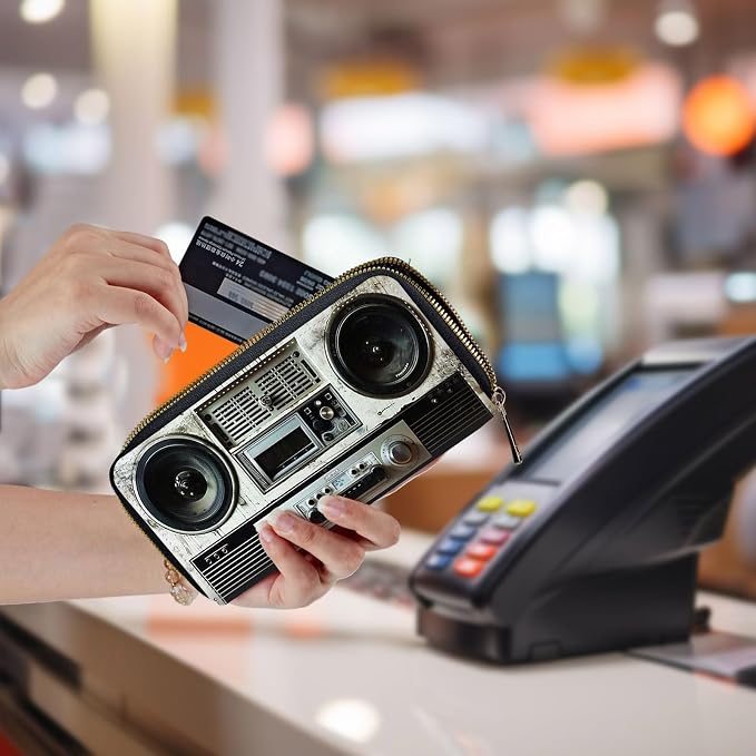 Wallet,Leather Long Wallet Suitable For Ladies And Teenagers - Detachable Wristband + RFID Travel Wallet With Card Slot - Retro Boombox - Image 5