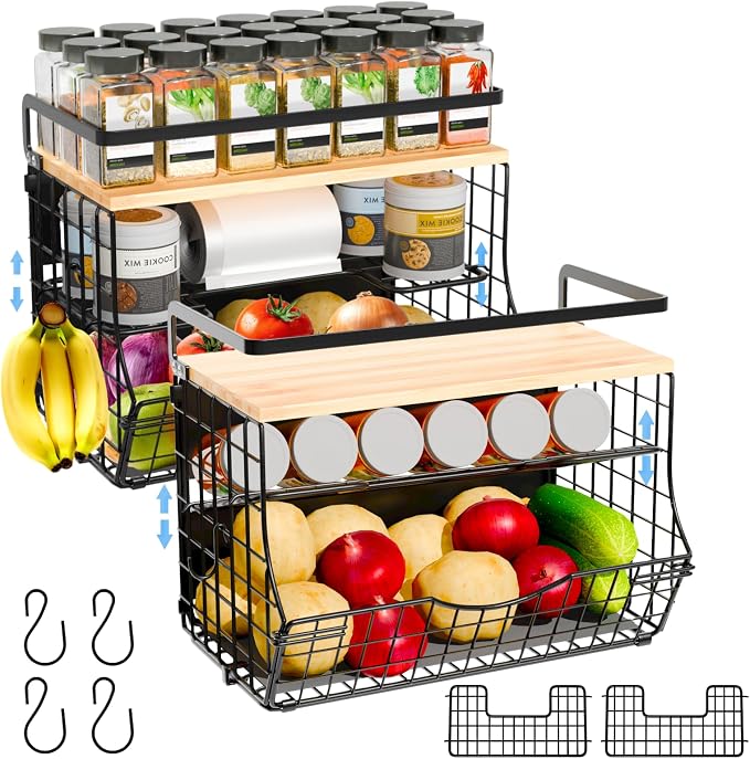 Magnetic Shelf for Fridge with Wood Lid, Fruit Potato and Onion Storage Bins, Kitchen Large Container Magnetic Spice Rack for Refrigerator, Kitchen Counter, Tools, Snack (BLACK, 2 Pack) by NRSVIAH
