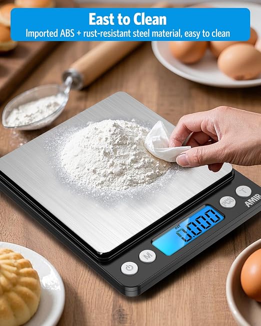 AMIR Digital Kitchen Scale, 500g/0.01g Mini Pocket Jewelry Scale, Cooking Food Scale with Backlit LCD Display, 2 Trays, 6 Units, Auto Off, Tare, PCS Function, Stainless Steel, Battery Included, Black - Image 7