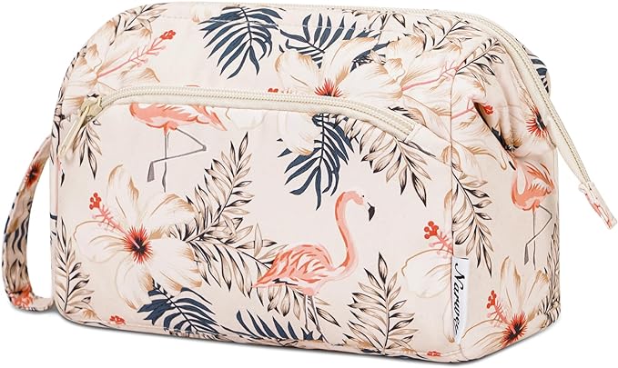 Narwey Women Makeup Bag Wide-open Make up Bag Travel Cosmetic Organizer Toiletry Bag for Cosmetics Toiletries Accessories (Beige Flamingo) by Narwey