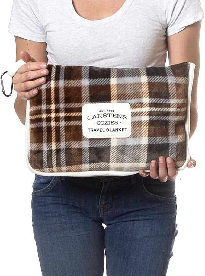 Carstens, Inc. Travel Blanket, Premium Compact 2-in-1 Airplane Blanket/Pillow, Grey & Chestnut Plaid - Image 4
