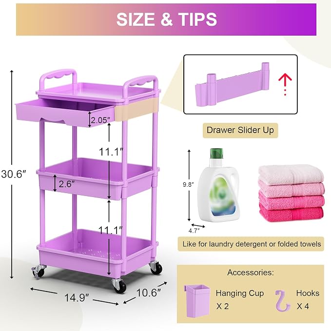 Goovilla 3 Tier Rolling Utility Cart Organizer with Removable Drawer,Purple | Stable and Sturdy Rolling Storage Carts with 2 Lockable Wheels for Bathroom, Kitchen, Snack, Craft, Makeup, Baby Essentials - Image 4