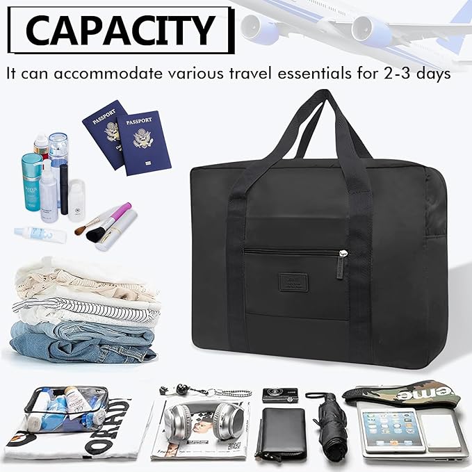 Travel Duffel Bag Carry on Luggage Bag Foldable Travel Tote Bag Waterproof Sports Gym Lightweight Large Weekender Overnight Bag for Women and Men (Black+Blue) - Image 8