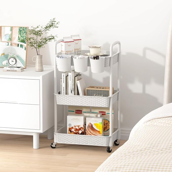 MOYIPIN 3-Tier Plastic Rolling Utility Cart with Handle,White | Utility Storage Cart for Office, Living Room, Kitchen,Movable Storage Organizer，Easy installation，Rattan-like art design - Image 6