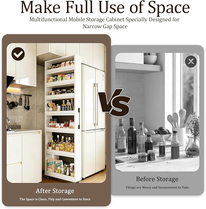 Rolling Spice Rack Next To Side Of Fridge Storage Slim Narrow Shelf Lightweight 7 Tier Wooden Storage Cart For Kitchen , Dining Room, Bathroom, Small Spaces (White, 72.4"H x 9.8"W x 21.6"D) - Image 7