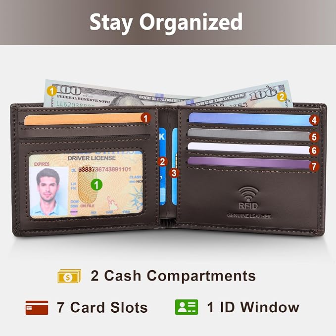 Travelambo Leather Wallet for Men, Slim Minimalist RFID Credit Card Holder | Mens Thin Bifold Pocket Wallet, Gift for Father, Brown - Image 2