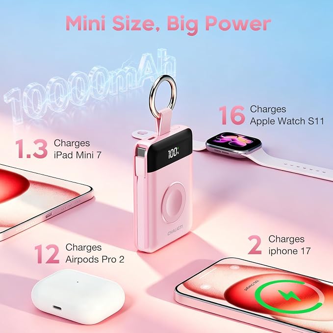 10000mAh Portable Charger,22.5W Power Bank&iWatch Charger,Pink | LED Display,Built-in Cables,Super Fast Charging,Travel Keychain Battery Pack for iPhone 17/16/15/14/13/12,Apple Watch Series - Image 6
