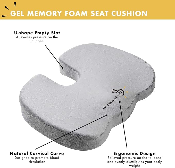 Large Seat Cushion with Carry Handle and Anti Slip Bottom, Large Gel Memory Foam Seat Cushion - Orthopedic Gel & Memory Foam - Coccyx Cushion for Tailbone Pain – Sciatica & Back Pain Relief (Grey) - Image 5