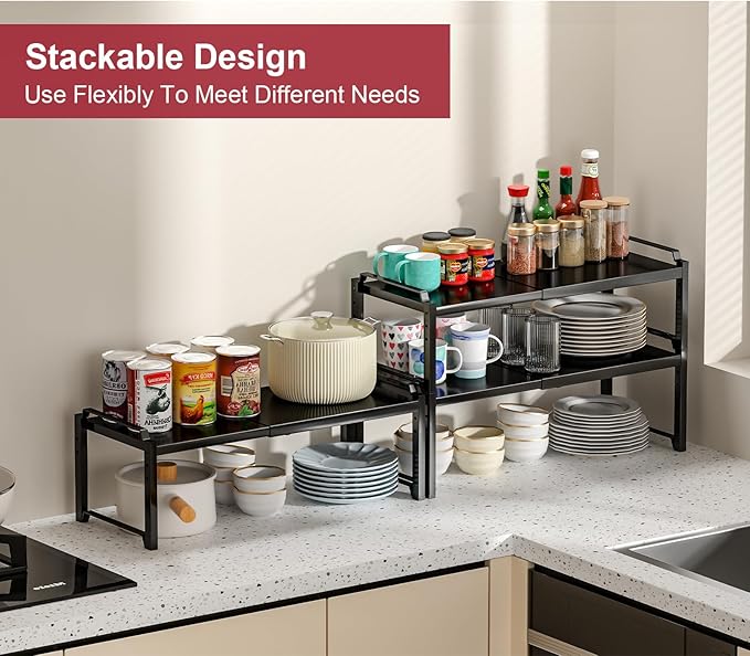 X-cosrack 12" Wide 100LBS Loading-Bearing Heavy Duty Kitchen Storage Shelf, Expandable Cabinet Shelf Organizer, Stackable Adjustable Storage Shelves for Kitchen Cabinet Cupboard Pantry Counter - Image 5
