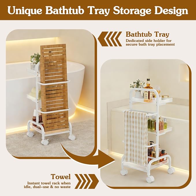 Bathroom Cart with Bathtub Tray Holder, Bathroom Organizers and Storage, Small Slim Shelf Organizer with Bath Tub Caddy Rack, 3 Tier Narrow Skinny Acrylic Rolling Cart for Laundry Room Living Room - Image 2