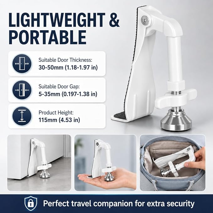 Portable Door Stopper Door Lock for Travel Anti Theft Door Blocker, Security Door Stoppers for Bottom of Door, No Drill Safety Doors Stopper Hotel Door Locks for Travelers Security (White) - Image 4