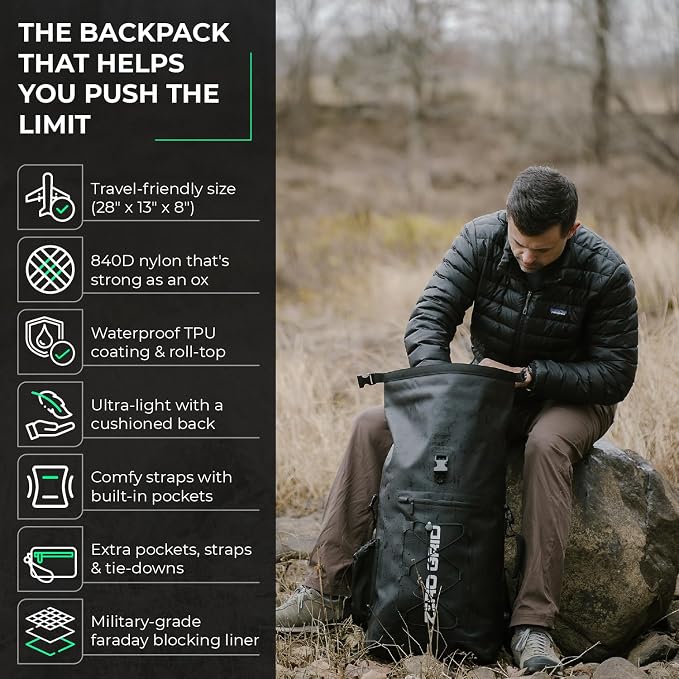 Zero Grid RFID Faraday Backpack, 45L Waterproof Roll Top Dry Bag, Black | Signal blocking lining shields phones, key fobs and cards. A sealed shell with built-in pockets on both straps - Image 3
