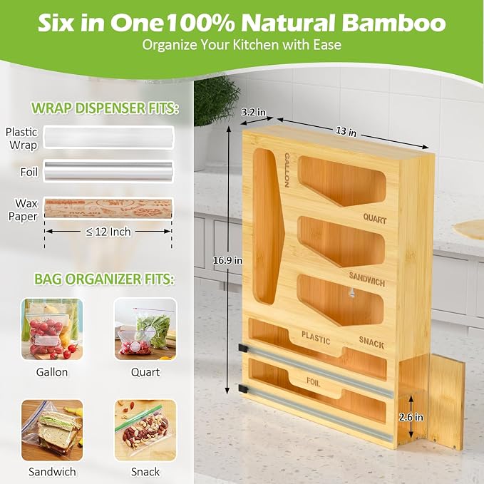 6 in 1 Bag Organizer and Wrap Dispenser with Magnetic Lid - Plastic Wrap Dispenser with Cutter for Kitchen Drawer, Storage for Gallon, Quart, Sandwich, Snack Bags, and Foil Beige - Image 2