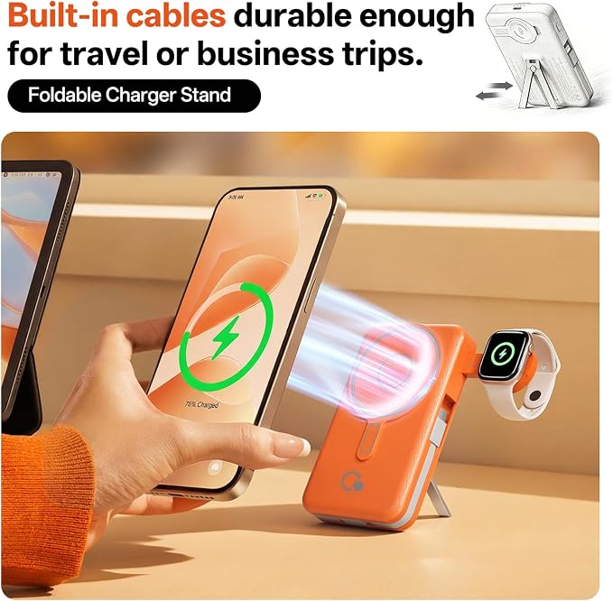 Q Magnetic Wireless Portable Charger 10,000mAh, Travel Essentials Power Bank with Built-in Cables & Foldable Stand, External Battery Pack Compatible with iPhone 17/16/15/14/13/12, Apple Watch - Image 6