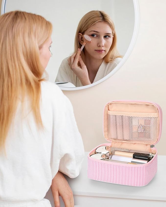 Relavel Small Pink Cosmetic Bag with 2 Makeup Brush Holders, Pink Strip | 2-Layer Travel Makeup Bag, Portable Compact Makeup Pouch for Women, Cute Toiletry Bag with Double Layer Organizer - Image 8