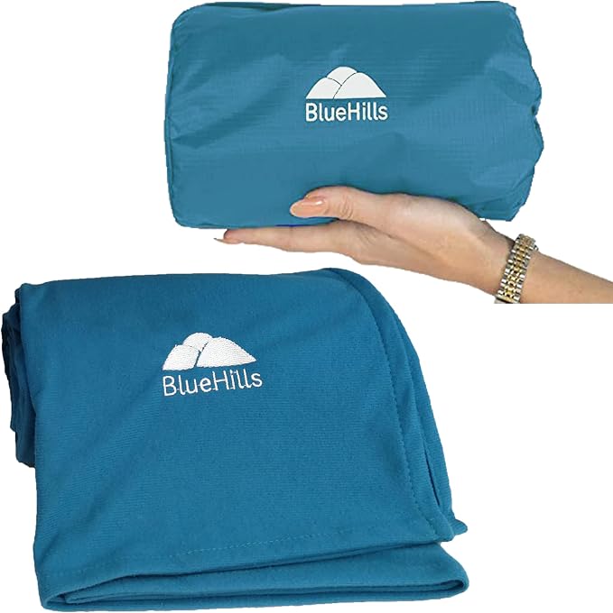 BlueHills Premium Ultra Compact Travel Blanket Pillow Airplane Peacock Teal | 2 in 1 Travel Pillow/Blanket, 70 X 56 Long, Luggage Strap & Backpack Clip, Packable & Lightweight for Airplane, Portable Case by BlueHills