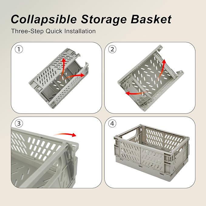 2 Pack Mini Foldable Small Plastic Baskets for Organizing and Storage，Collapsible Storage Crates,Mini Bins for Home Kitchen Bedroom Bathroom Office (Grey, Large 10x6.5x4) - Image 4