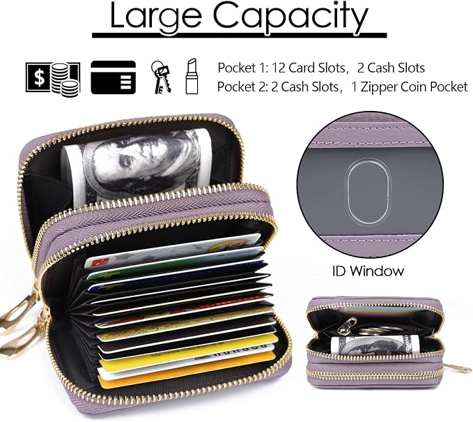 imeetu RFID Credit Card Holder, Small Card Wallet Women, Leather Card Case | Genuine Leather Women's Card & id Cases, Change Coin Purse with Zipper Keychain id Window, 20 Colors & 3 Styles, Daily, Gifts - Image 3