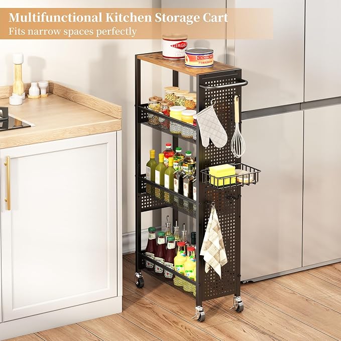 Slim Storage Rolling Cart: 4-Tier Narrow Metal and Wood Utility Cart with Wheels for Kitchen/Laundry/Bathroom(Black) - Image 3