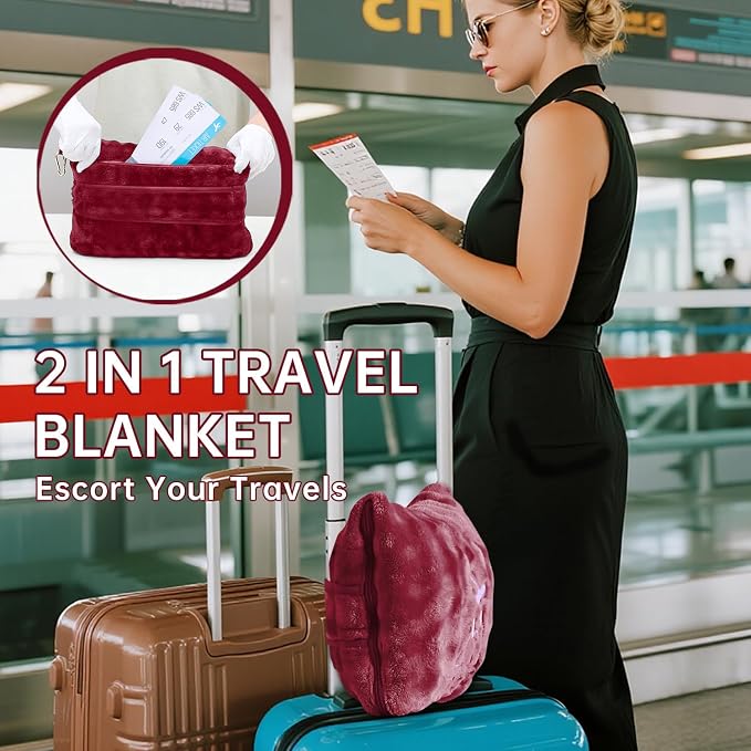 Travel Blanket and Pillow-2-in-1, Ultra-Soft&Compact,Airplane Blanket with Hand Luggage Belt and Backpack Clip,Travelers Accessories Gifts, 61x43 Inches（Burgundy） - Image 4