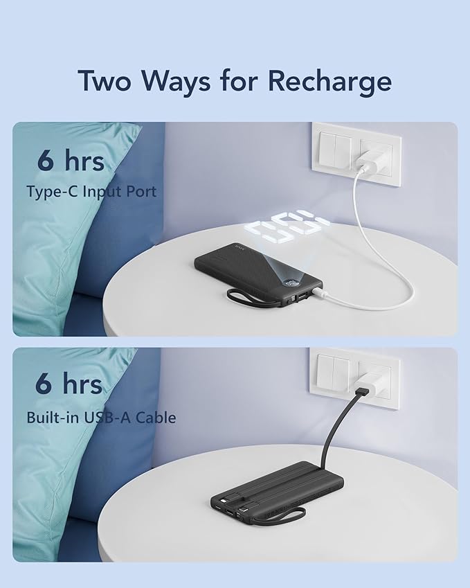 VRURC Portable Charger, Built-in 4 Cables Slim Power Bank 10000mAh, USB C Charging Bank with LED Display, Compact Travel Battery Pack with 5 Outputs for Multi Devices, Android-Black(1 Pack) - Image 5