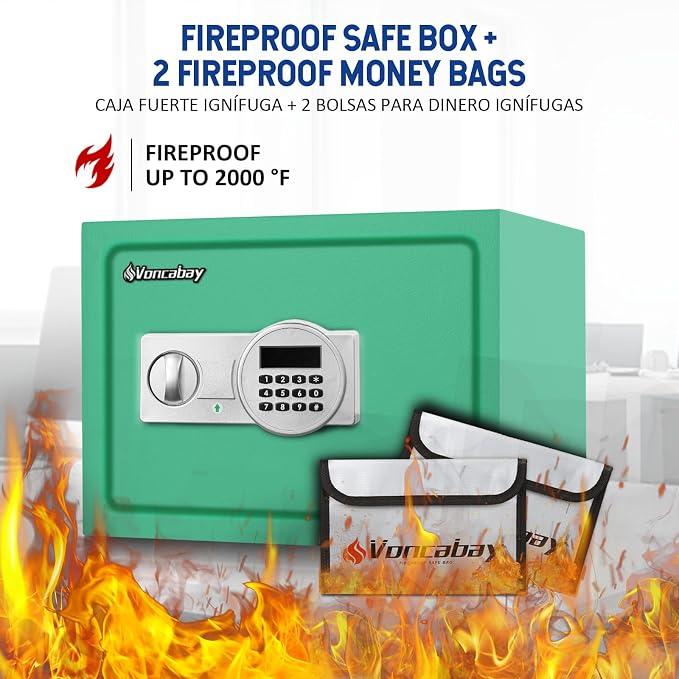 Voncabay Money Safe Box for Home with Digital Keypad, 0.8 Cu. Ft., Green | Alloy Steel, 2 Fireproof Bags, Digital Keypad with Display, Removable Shelf, Fits A4, 13.8 x 9.85 x 9.85 In. - Image 5
