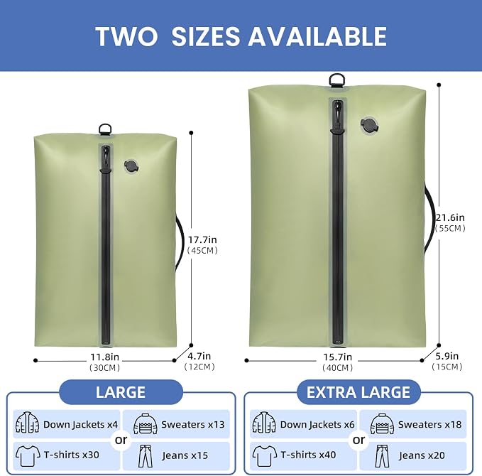 BAGAIL TPU Vacuum Bag for Travel, Reusable Compression Bag with IPX8 Waterproof Zipper, Save Space for Suitcase, Backpack and Carry on (Olive Green, ExtraLarge, With Pump) - Image 2