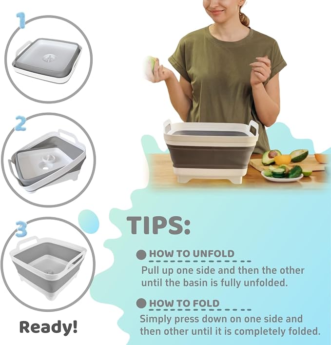 Collapsible Wash Basin with Drain Plug - 2.4 Gallon Foldable Kitchen Sink for Baby Bottles, RV Camping, Space-Saving Dish Tub (Gray-Gray) - Image 5