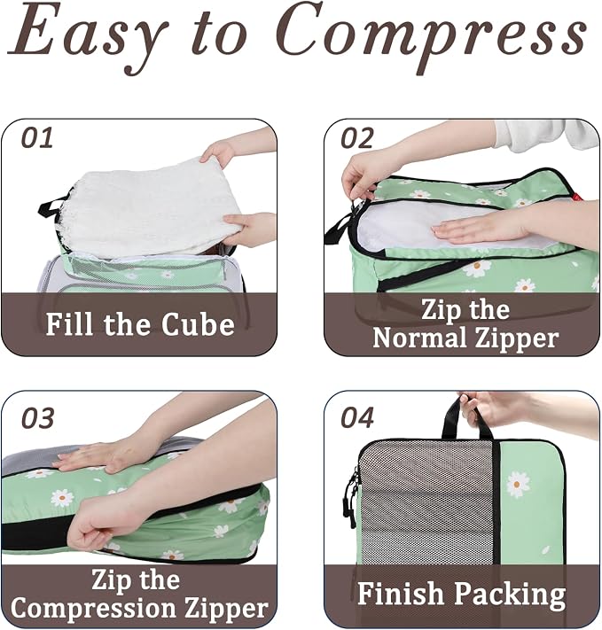 U+U 4 Set Compression Packing Cubes, Travel Organizers (Daisy) | Space-Saving & Lightweight Travel - Image 4