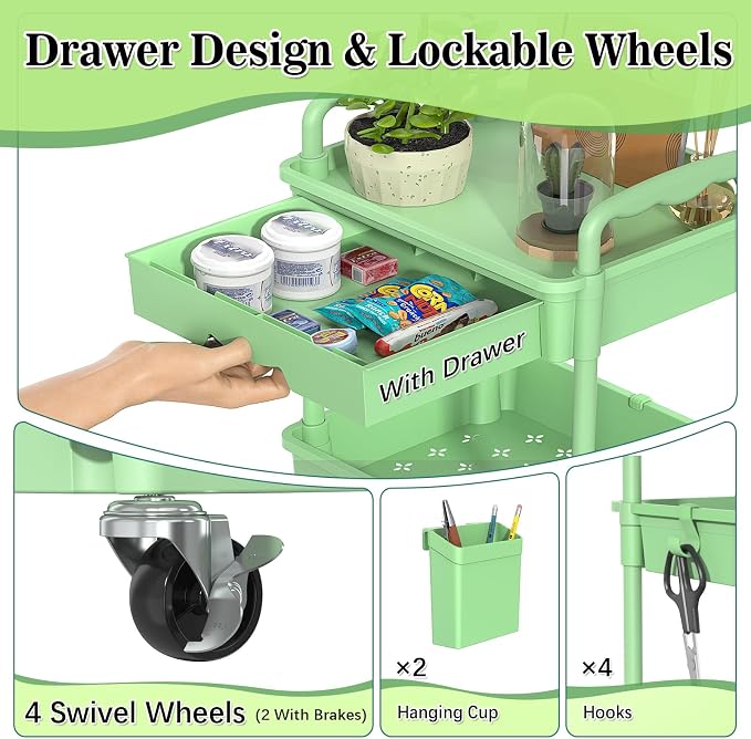SUNALLY 4 Tier Rolling Cart with Drawer, Craft Storage Cart Organizer,Green | Bathroom Storage Organizer with 2 Lockable Wheels, Rolling Utility Cart for Kitchen, Office, Baby, Makeup, Nail,Snack,Laundry - Image 3