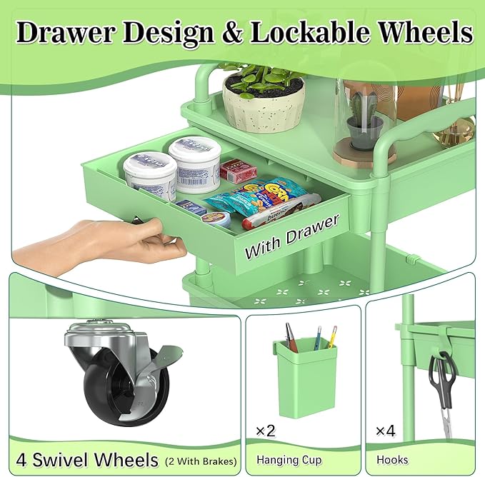 SUNALLY 3 Tier Rolling Cart with Drawer, Craft Storage Cart Organizer,Green | Bathroom Storage Organizer with 2 Lockable Wheels, Rolling Utility Cart for Kitchen, Office, Baby, Makeup, Nail,Snack,Laundry - Image 3