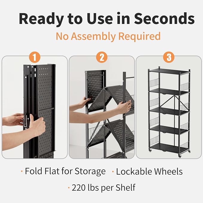 Heavy Duty Folding Shelves No Assembly, 5 Tier Metal Foldable Storage Shelves with Wheels, 220LBS Per Shelf Collapsible Rack for Garage Storage, Black - Image 7