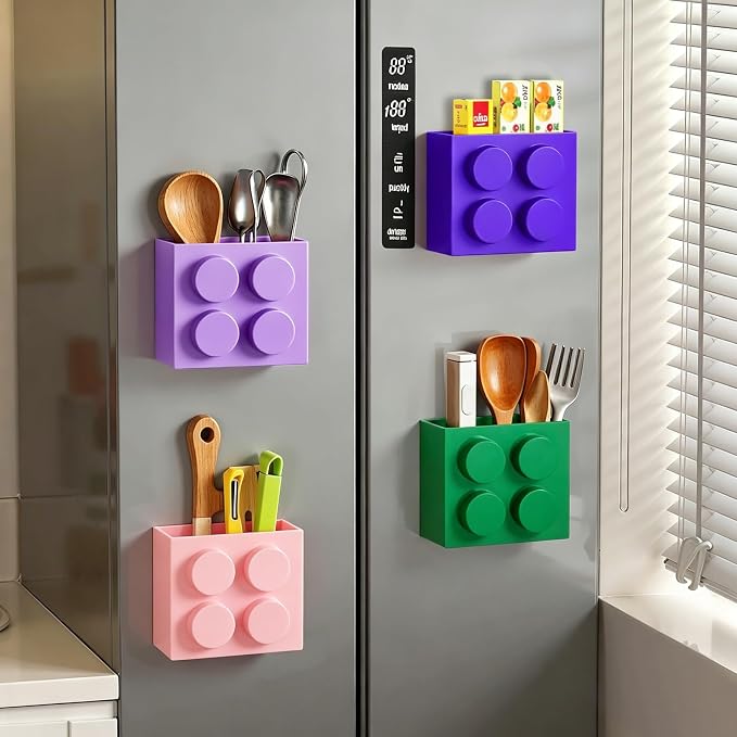 Magnetic Basket Organizer for Fridge - Lego-Style ABS Plastic Storage Box,No Drill Design for Kitchen Counter, Microwave & Whiteboard, Holds Up to 3.5 lbs (deep purple) - Image 4